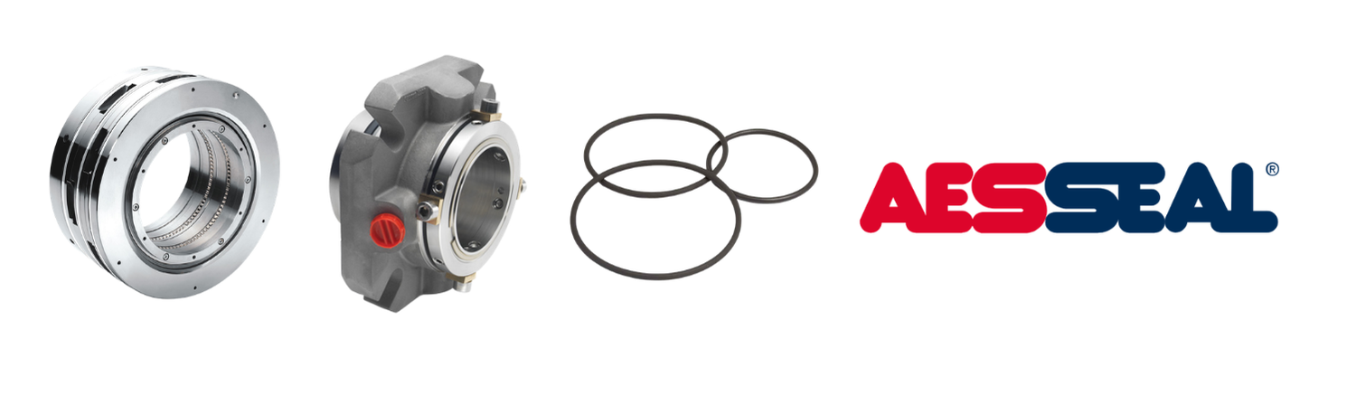 AESSEAL large stainless steel cartridge compressor seal, a grey cast cartridge mechanical seal with a red plug, three black elastomer O-rings, and the red and navy AESSEAL logo